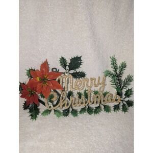 Vtg Style Merry Christmas Metal Wall Holiday Poinsettia Holly Berry Sign 12 x 7
